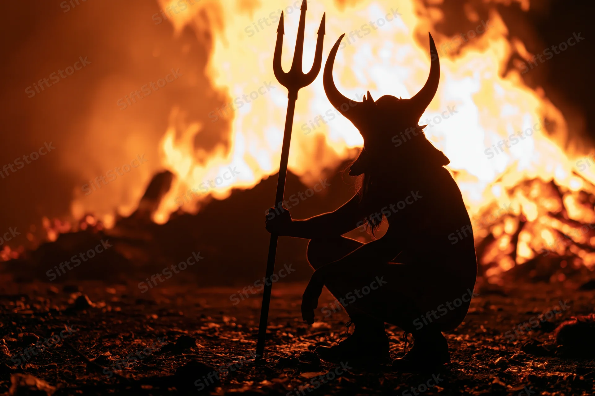 Silhouette of a crouching figure in horned helmet holding trident before a bonfire at night
