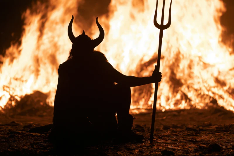 Silhouette of a crouching figure in a horned helmet holding a trident before a large fire at night