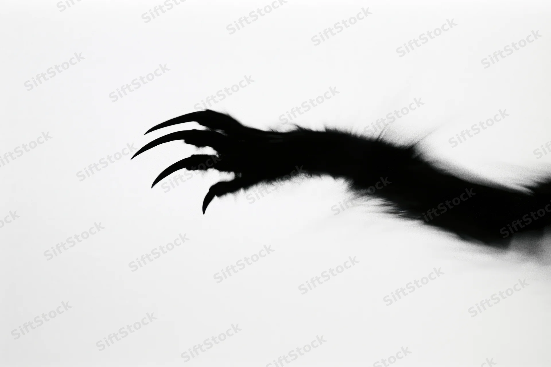Silhouetted monster claw with long curved talons reaching across white background