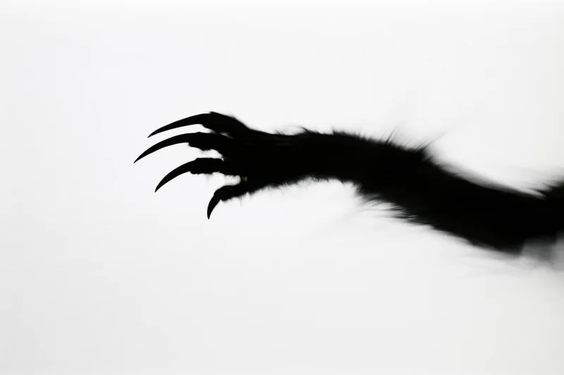 Silhouetted monster claw with long curved talons reaching across white background