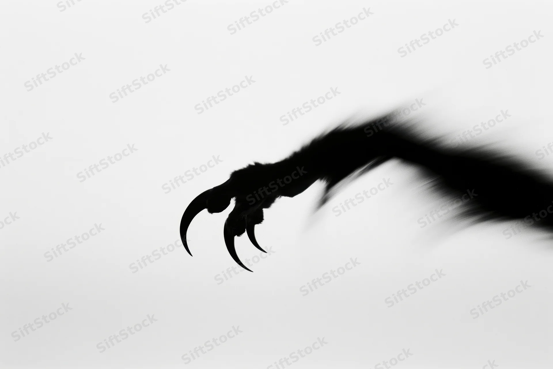 Silhouetted claw with curved talons in motion against white background