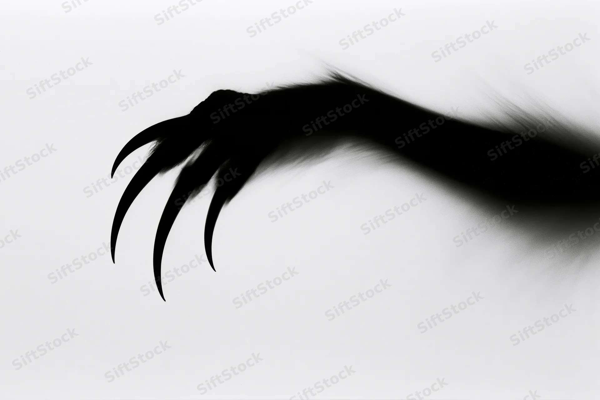 Silhouetted claw with long curved talons extending from the right against a white background