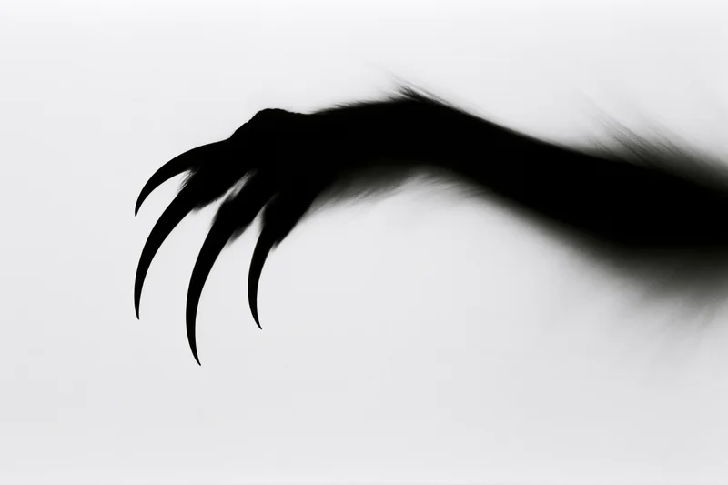 Silhouetted claw with long curved talons extending from the right against a white background