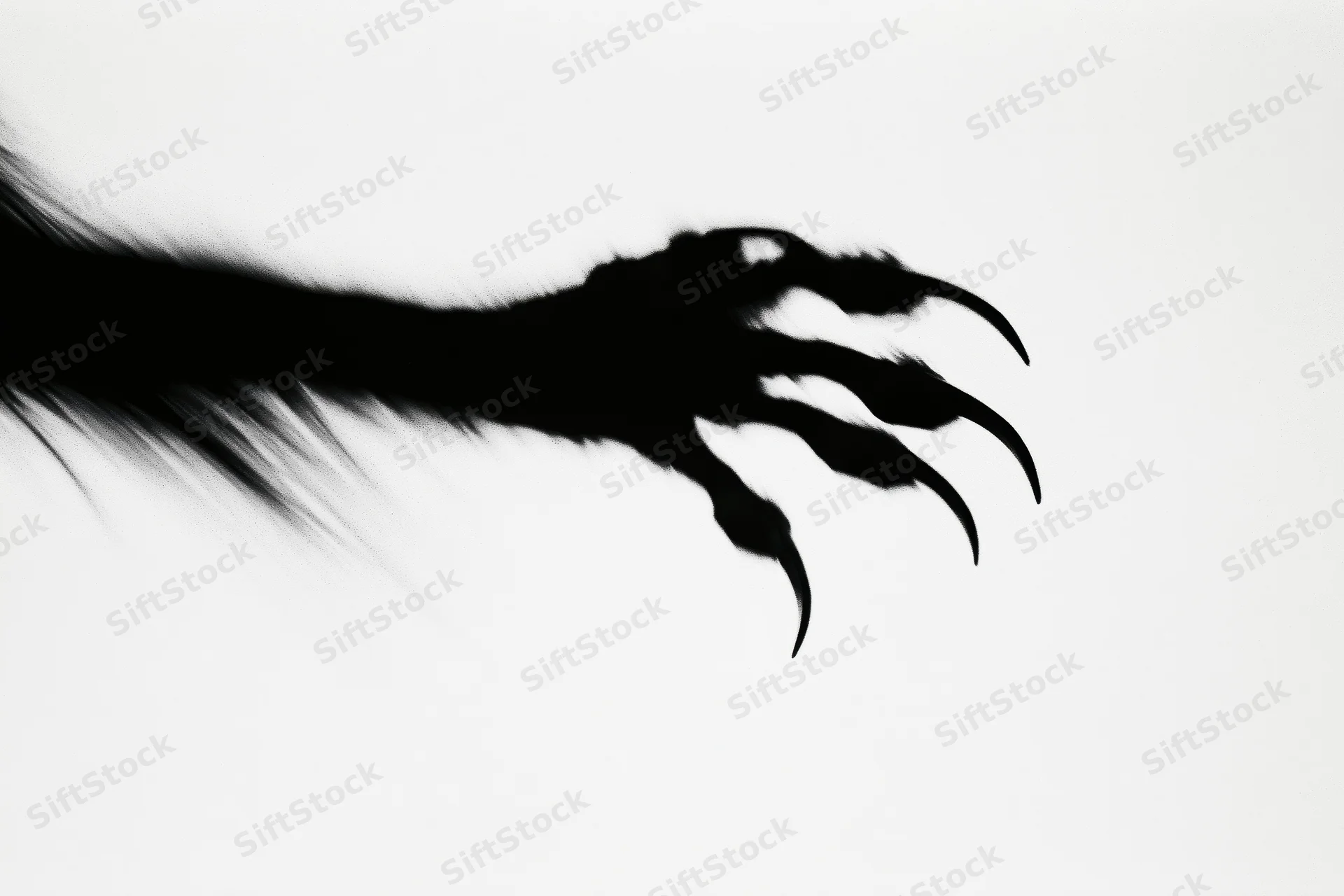 Silhouetted monster claw with long curved talons against white background