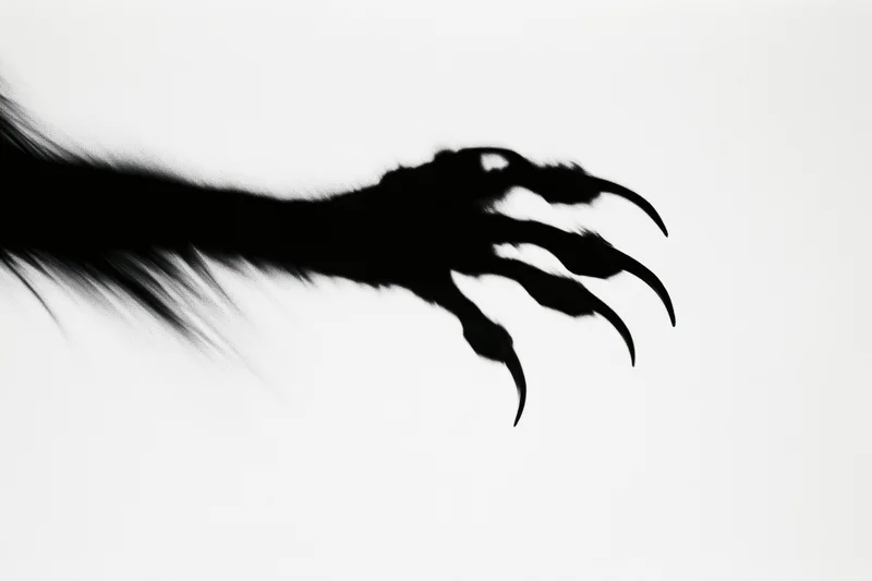 Silhouetted monster claw with long curved talons against white background