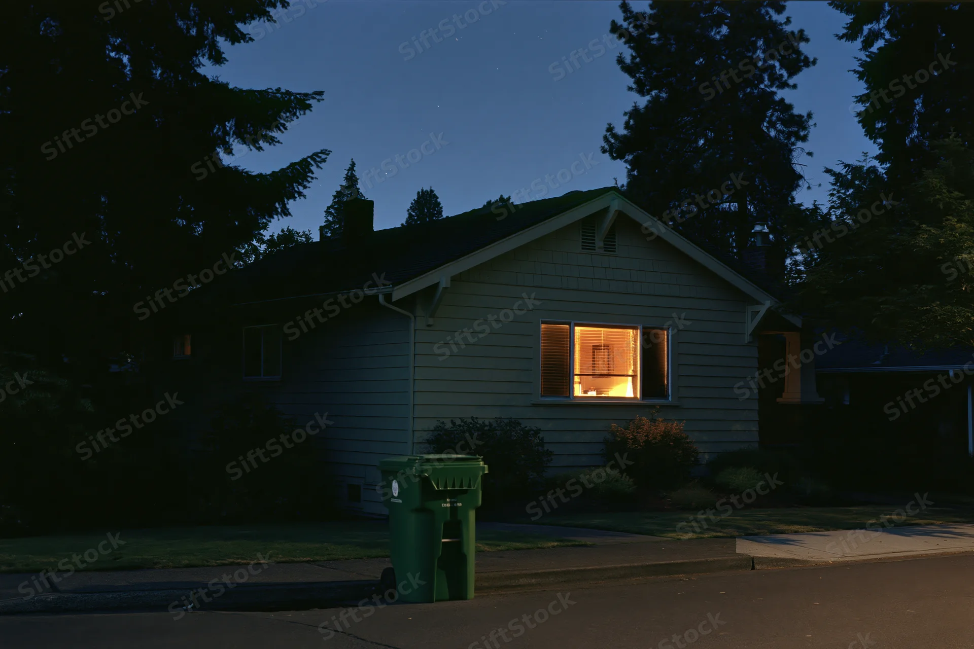 Single-story suburban craftsman house at night with one illuminated window and green trashcan on curb