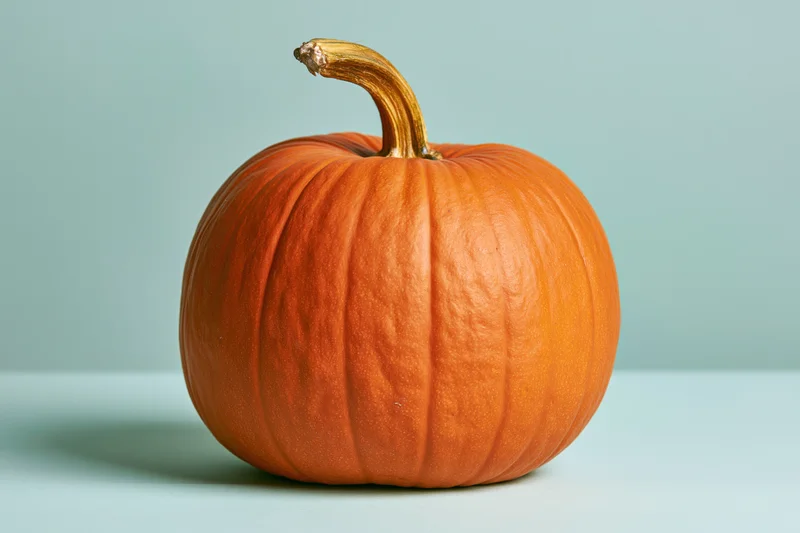 Medium-sized orange pumpkin with short curved stem on light blue surface