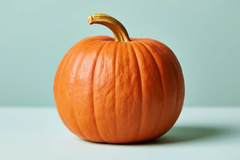 Medium-sized orange pumpkin with short curved stem on light blue surface