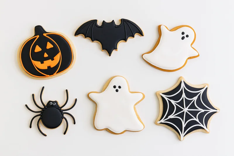 Six halloween-themed sugar cookies decorated as pumpkin, bat, ghost, spider, and web arranged flat on white background