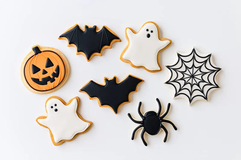 Halloween-themed sugar cookies shaped as pumpkins, ghosts, bats, spiders and webs arranged flat on white surface