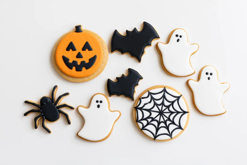 Halloween-themed sugar cookies decorated as pumpkins, ghosts, bats, spiders, and spiderwebs arranged flat on white surface