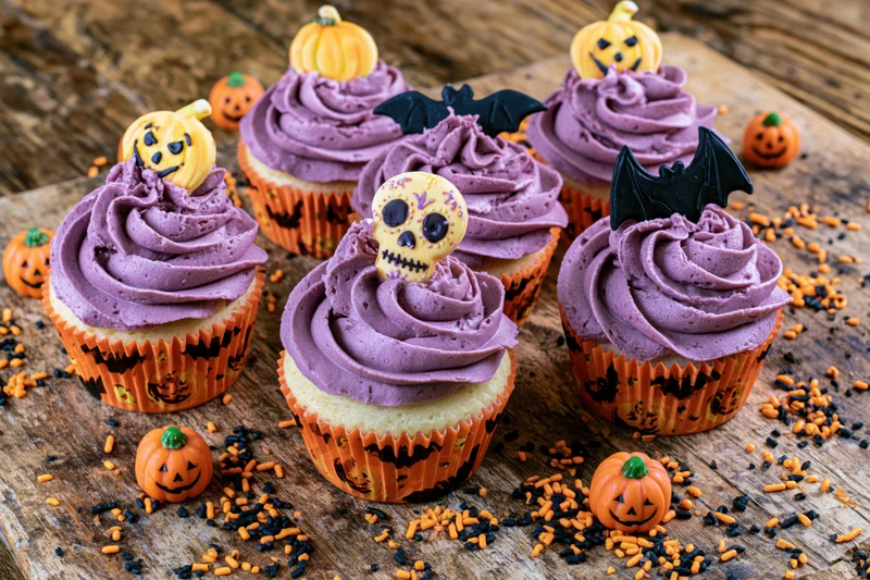 Six halloween cupcakes with swirled purple frosting and pumpkin skull bat toppers on wooden board