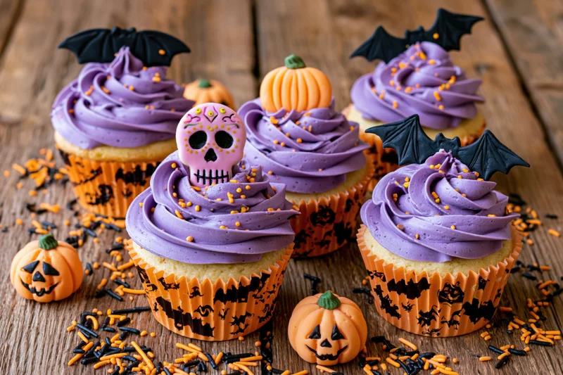 Six halloween cupcakes with purple frosting and bat and pumpkin decorations on a wooden table