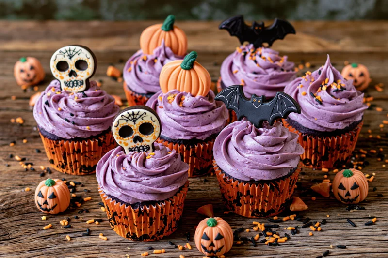 Six halloween cupcakes with swirled purple frosting and orange pumpkin bat skull toppers on a rustic wooden table