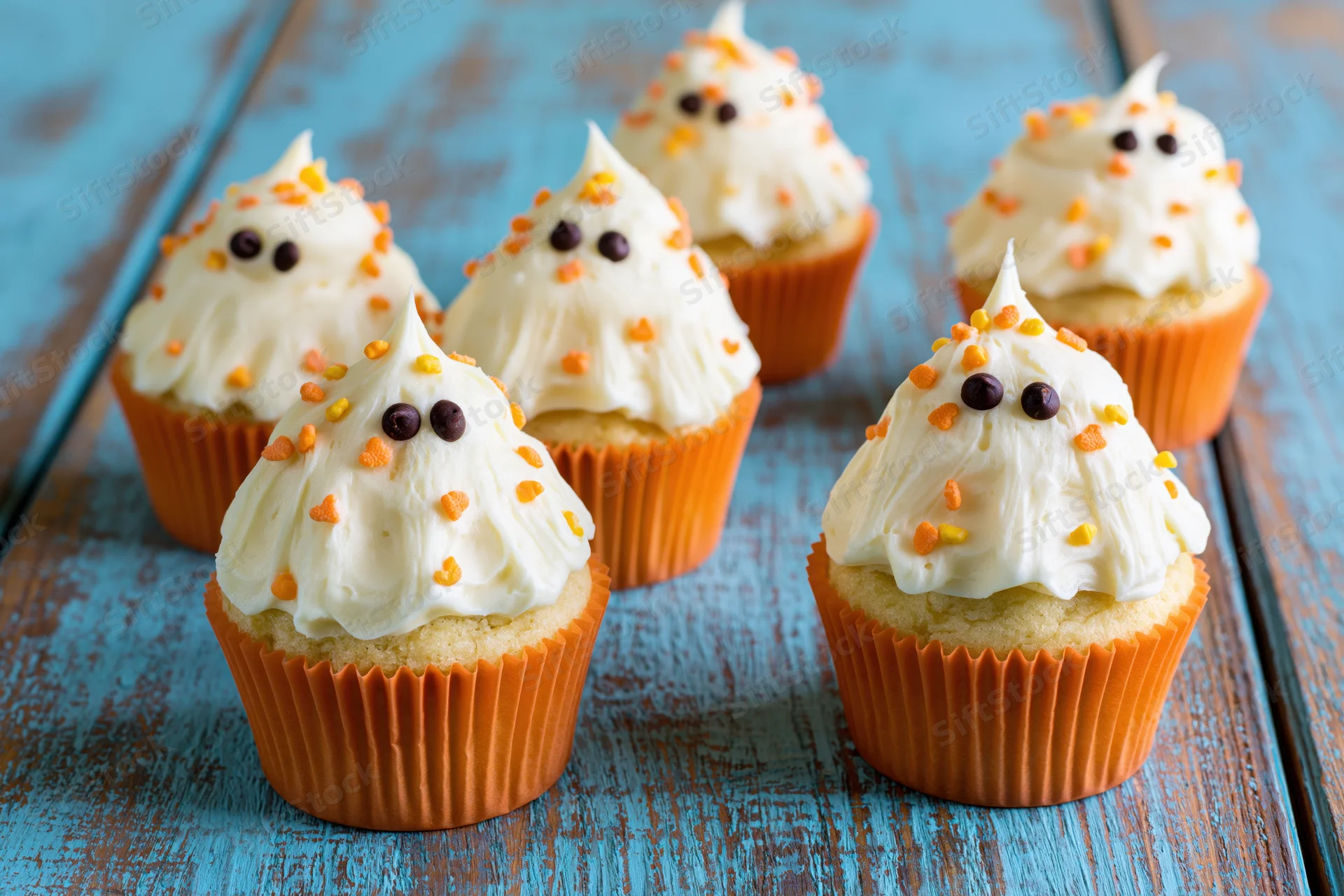Six ghost-themed cupcakes with white frosting and chocolate eyes arranged on a weathered blue wooden surface