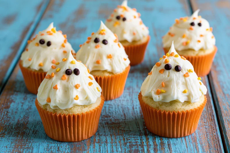 Six ghost-themed cupcakes with white frosting and chocolate eyes arranged on a weathered blue wooden surface