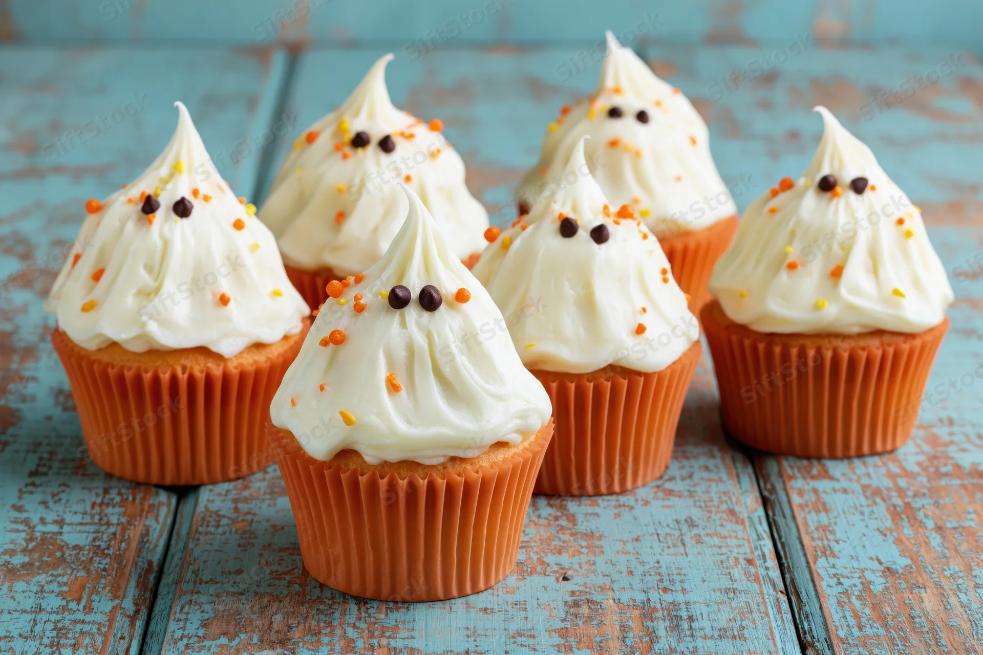 Six halloween ghost cupcakes with white frosting and candy eyes arranged on a distressed blue wooden table