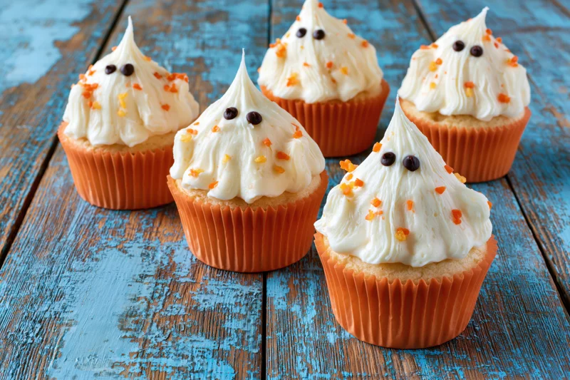 Six ghost-themed cupcakes with white frosting and chocolate eyes arranged on a weathered blue wooden table
