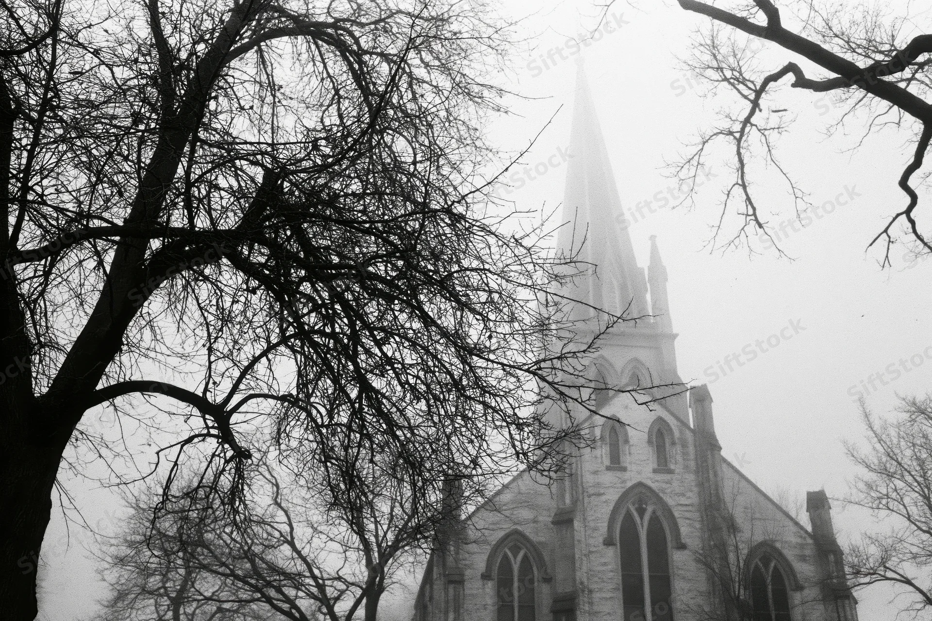 Gothic revival church with pointed spire seen through bare tree branches in foggy winter landscape