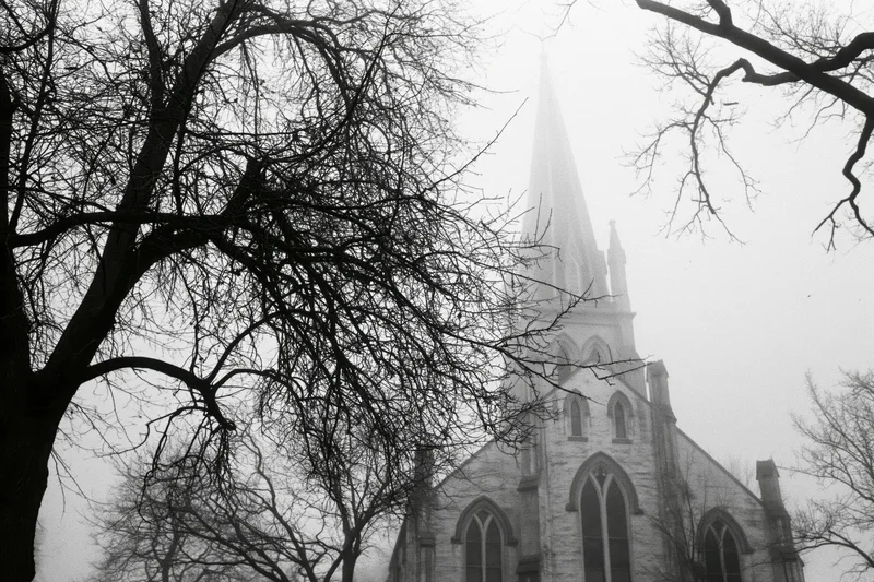 Gothic revival church with pointed spire seen through bare tree branches in foggy winter landscape