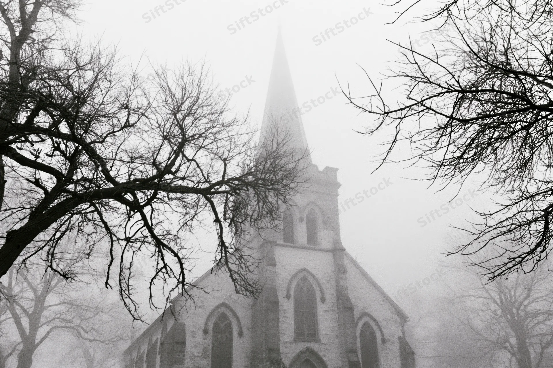 Gothic revival church with pointed spire seen through bare tree branches in fog
