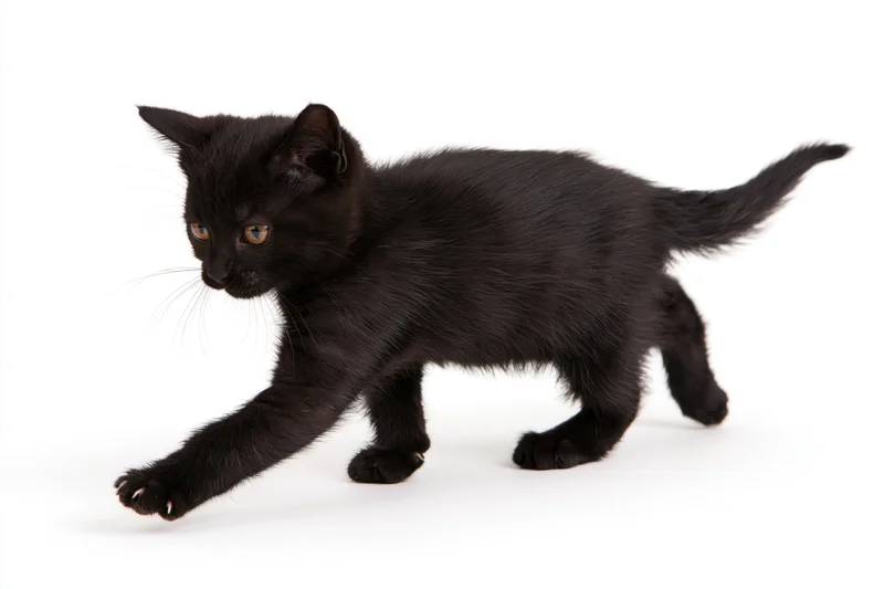 Black kitten reaching paw forward in playful motion on white background