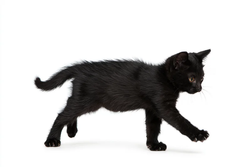 Black kitten walking with one paw extended forward on white background