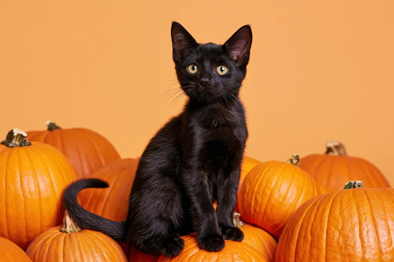 Black kitten sitting alert among pumpkins in studio setting