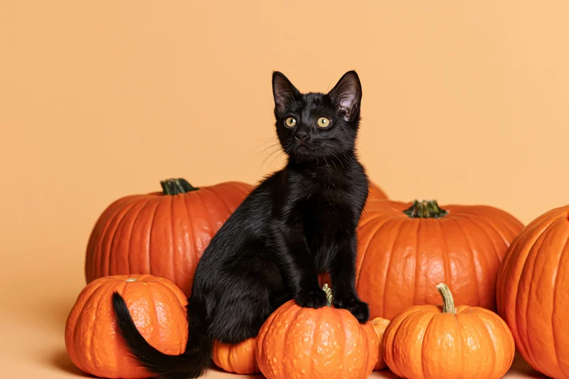 Black kitten sitting alert among pumpkins in studio setting