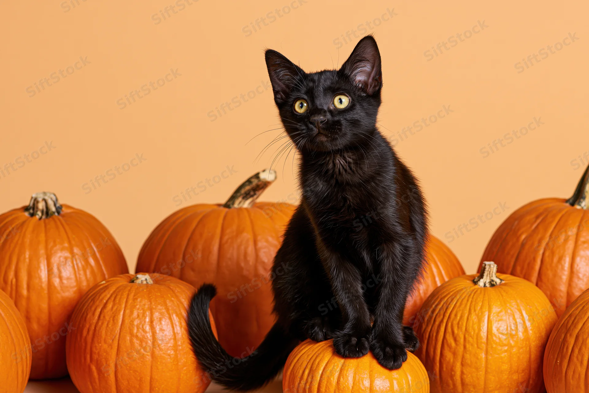 Black kitten sitting alert among pumpkins in studio setting