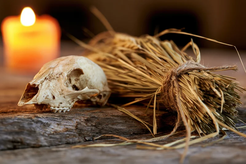 Bleached animal skull and dried hay bundle on weathered wooden surface with lit candle in background