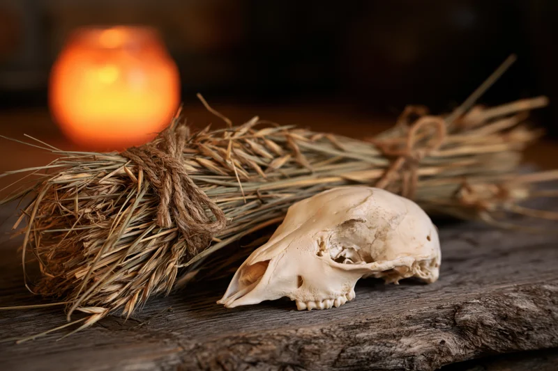 Bleached animal skull resting on weathered wooden surface beside a straw broom and glowing candle
