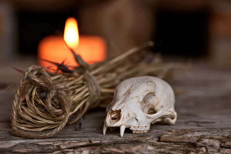 Animal skull resting beside a lit candle and bundle of twigs on a weathered wooden surface