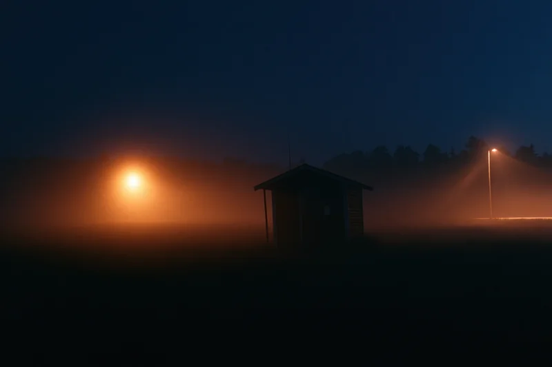 Small wooden shed silhouetted in fog on a rural field at night with glowing lights in the distance