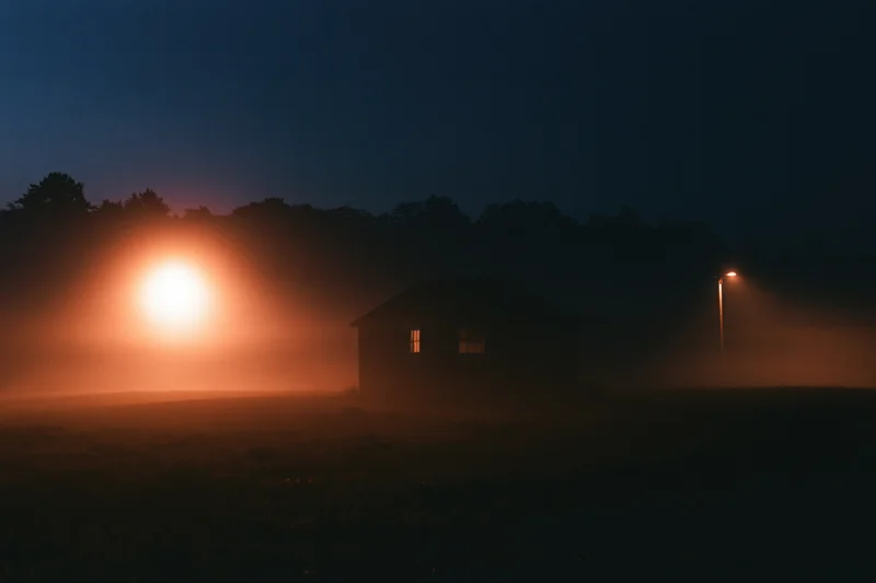 Small wooden shed silhouetted in fog on a rural field at night with warm glow from lamp and window light