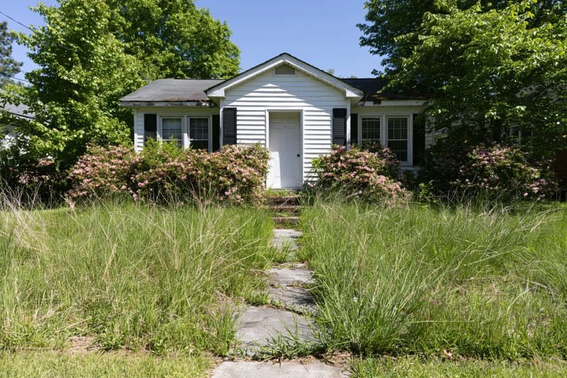 White clapboard bungalow with black shutters and overgrown lawn, stone pathway leading to front door, surrounded by flowering shrubs and trees