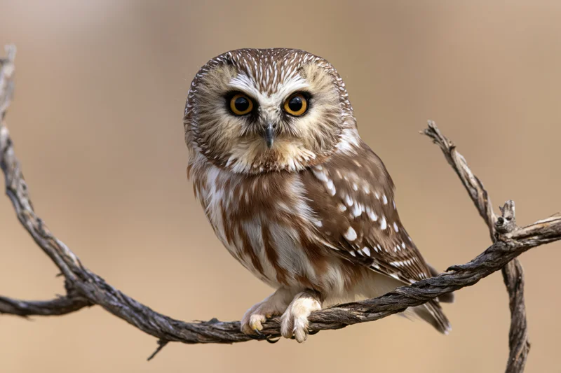 Small northern saw-whet owl perched on a bare twisted branch in natural habitat