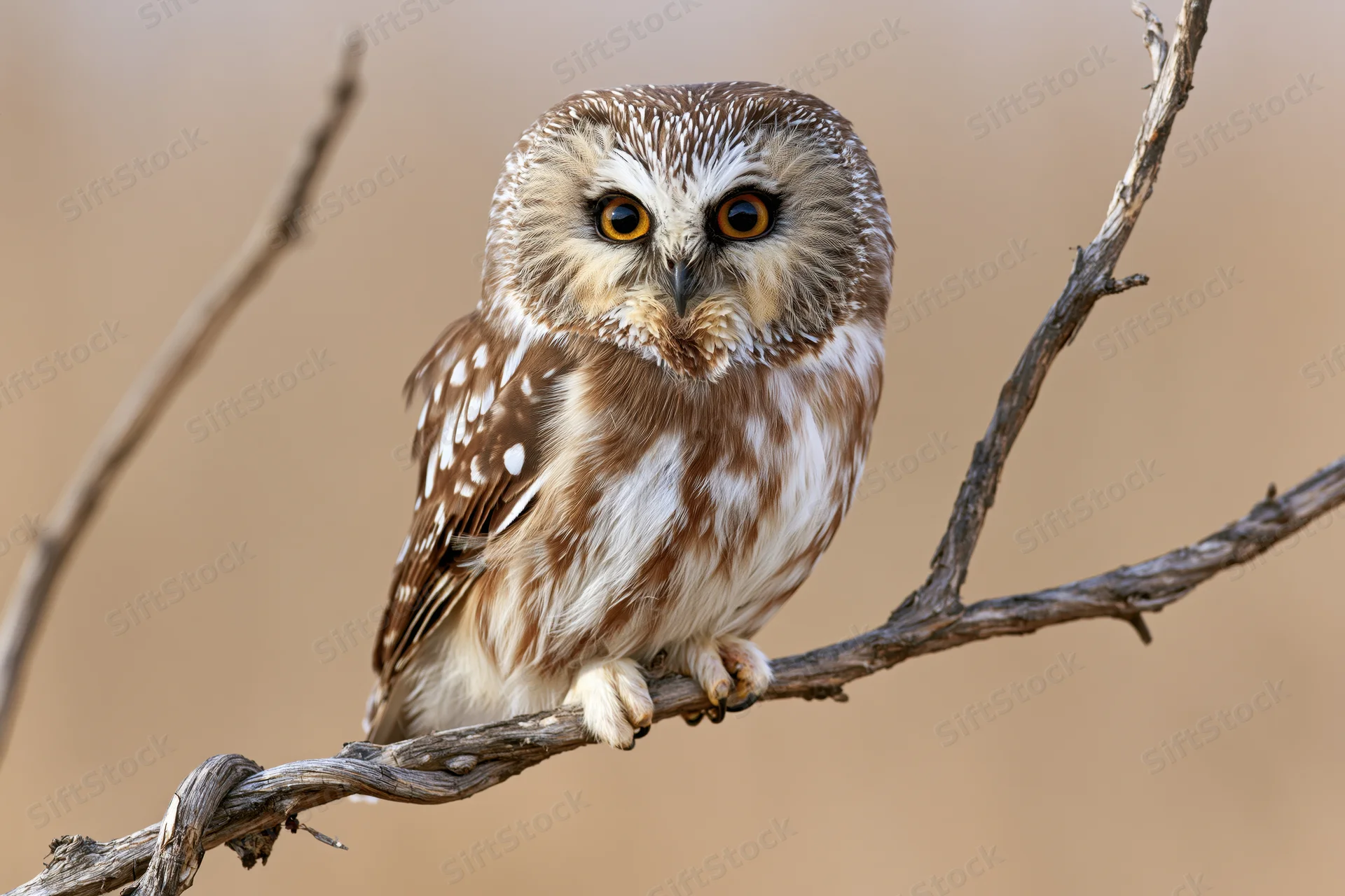 Northern saw-whet owl perched on a bare twisted branch