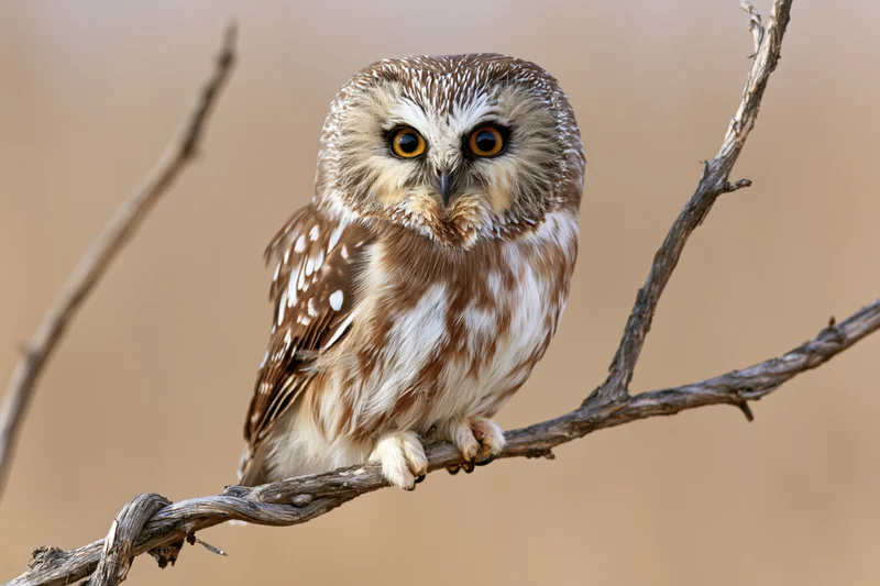 Northern saw-whet owl perched on a bare twisted branch