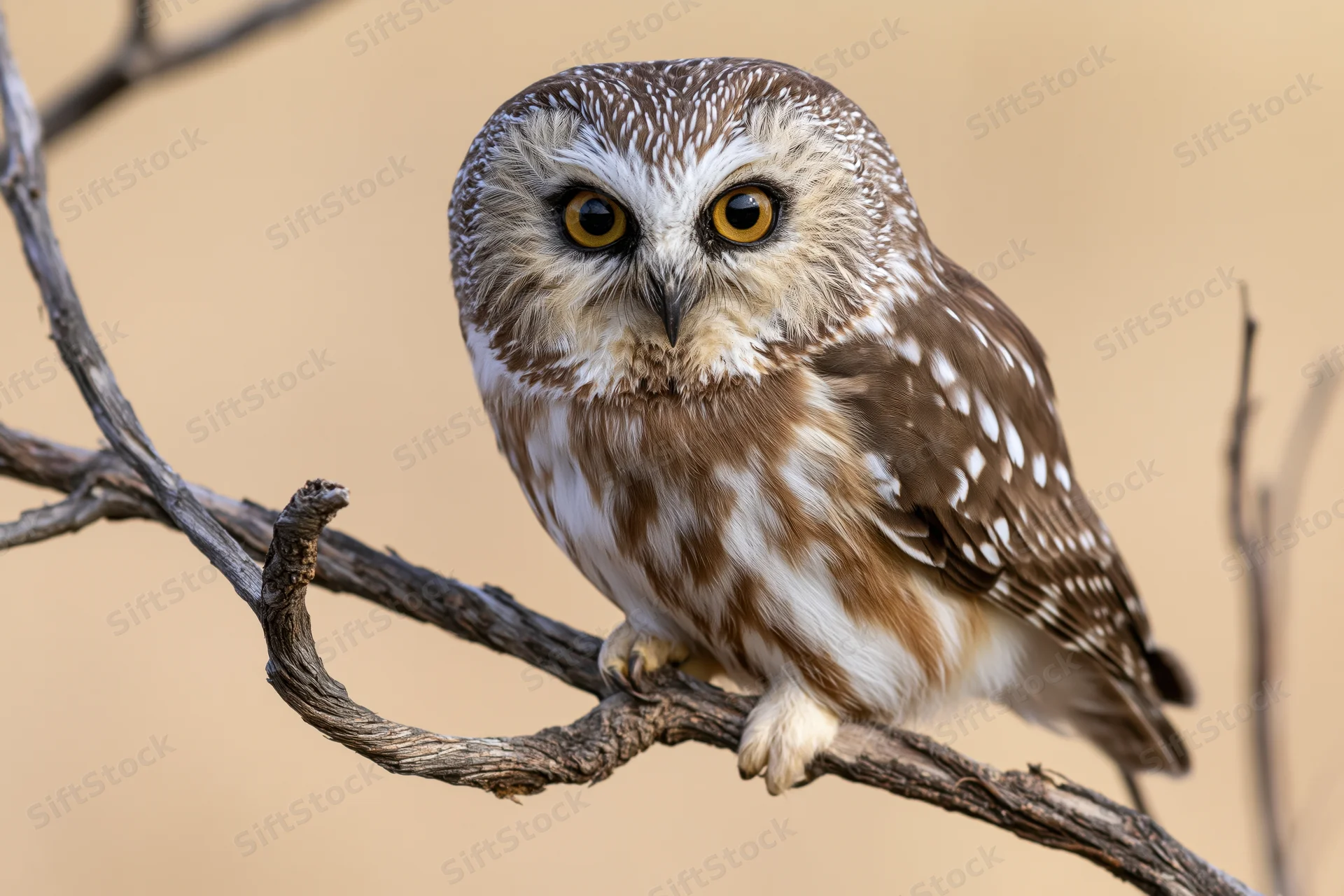 Northern saw-whet owl perched on a bare twisted branch in natural habitat