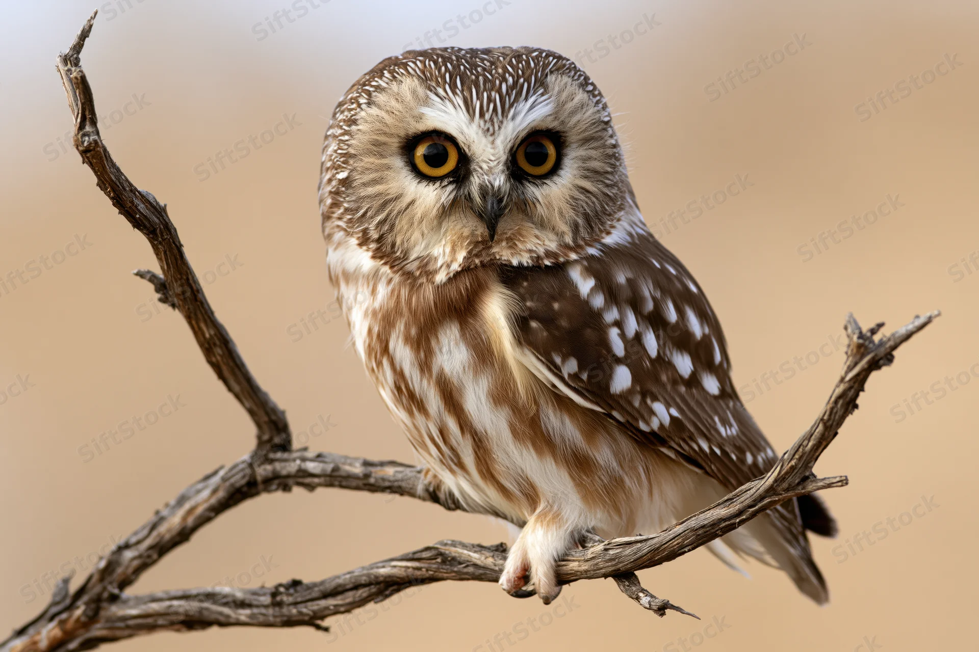 Small northern saw-whet owl perched on a bare twisted branch in natural habitat