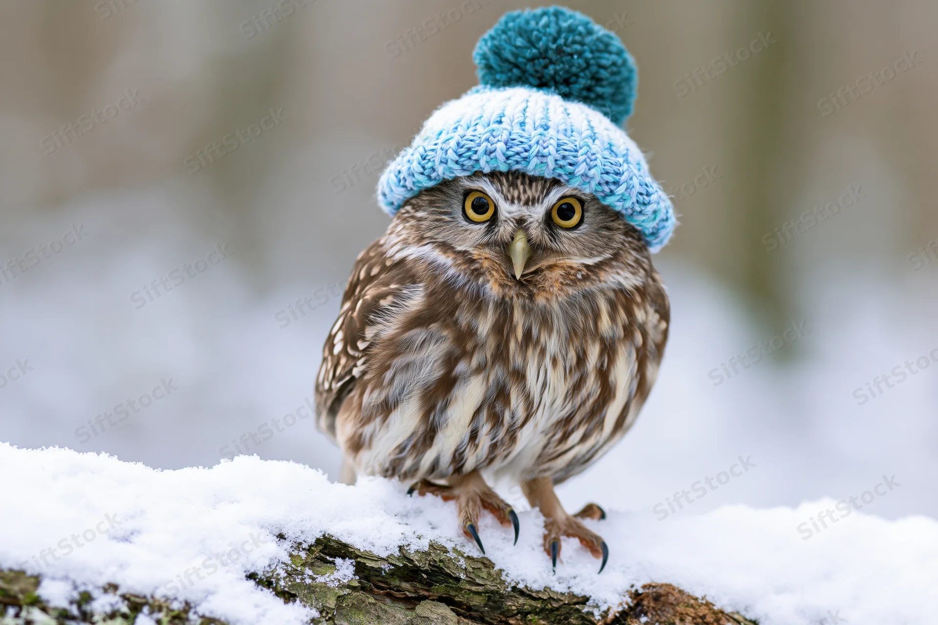 Small owl perched on snow-covered log wearing blue knitted hat with pompon
