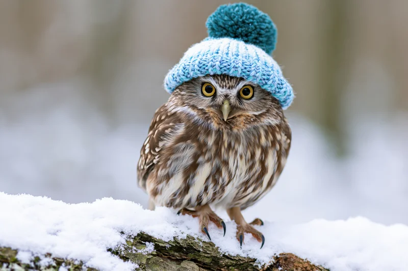 Small owl perched on snow-covered log wearing blue knitted hat with pompon