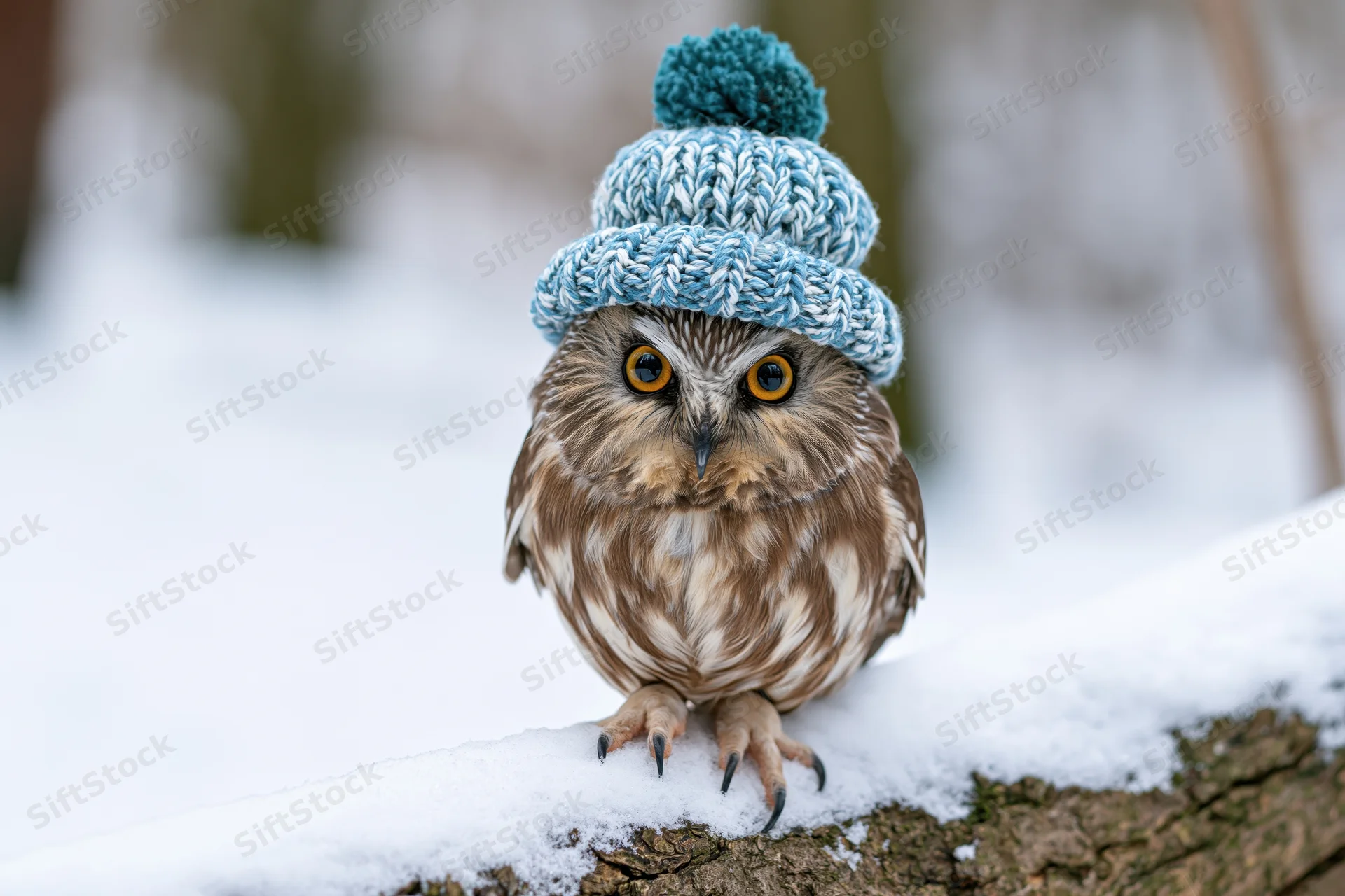 Small owl perched on snow-covered log wearing blue knit hat with pompon