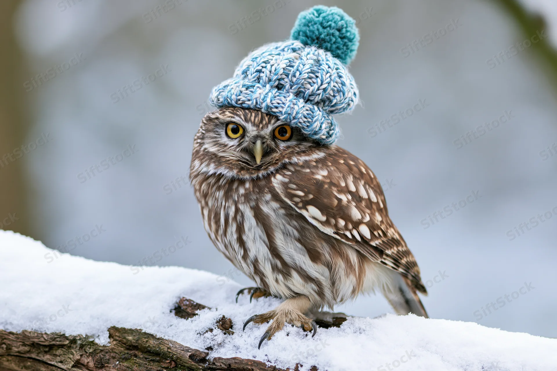 Small owl perched on snow-covered log wearing blue knit hat with pompon