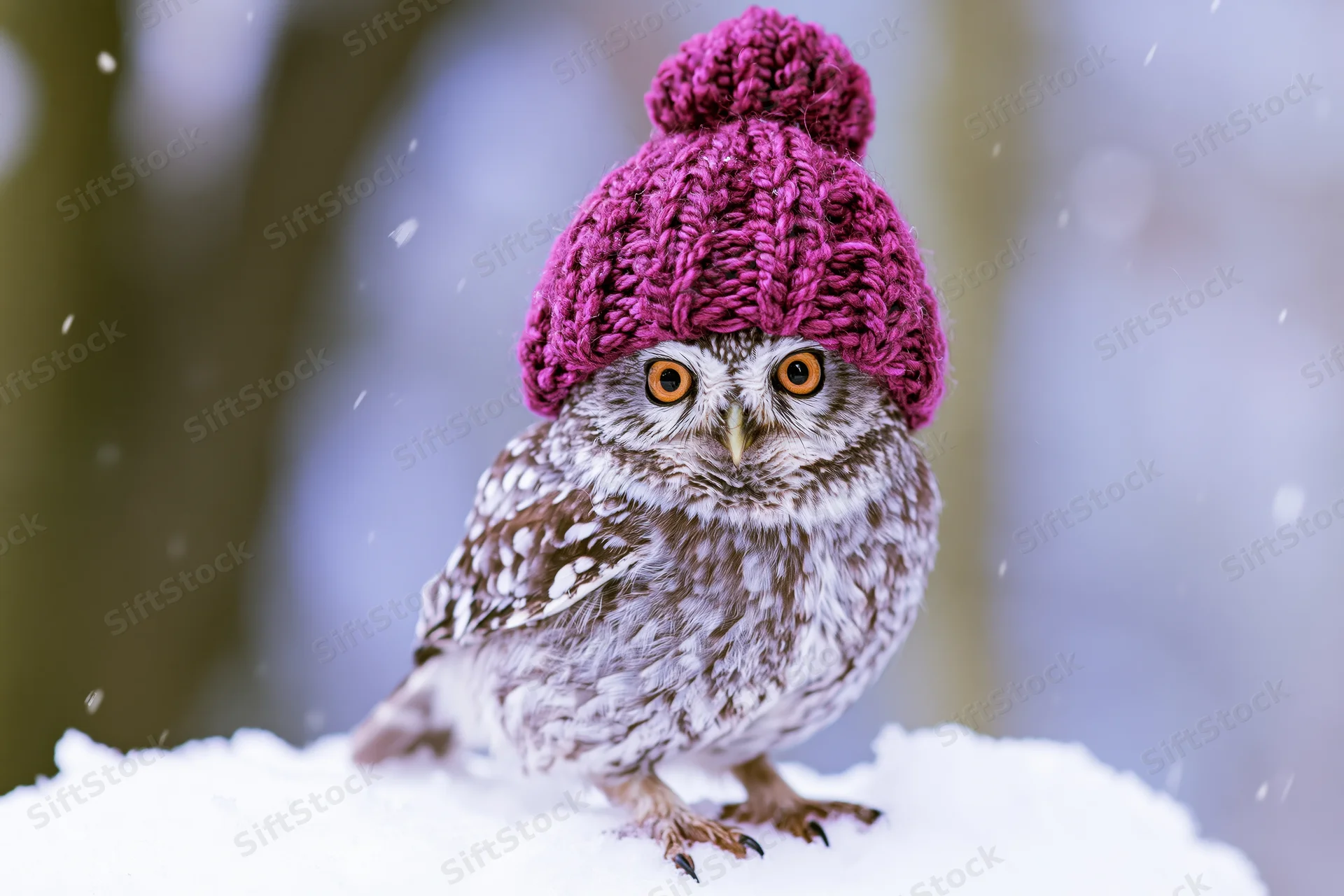 Small owl wearing a knitted magenta beanie with pompon perched on snow in winter forest
