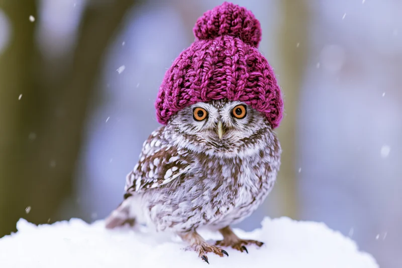 Small owl wearing a knitted magenta beanie with pompon perched on snow in winter forest