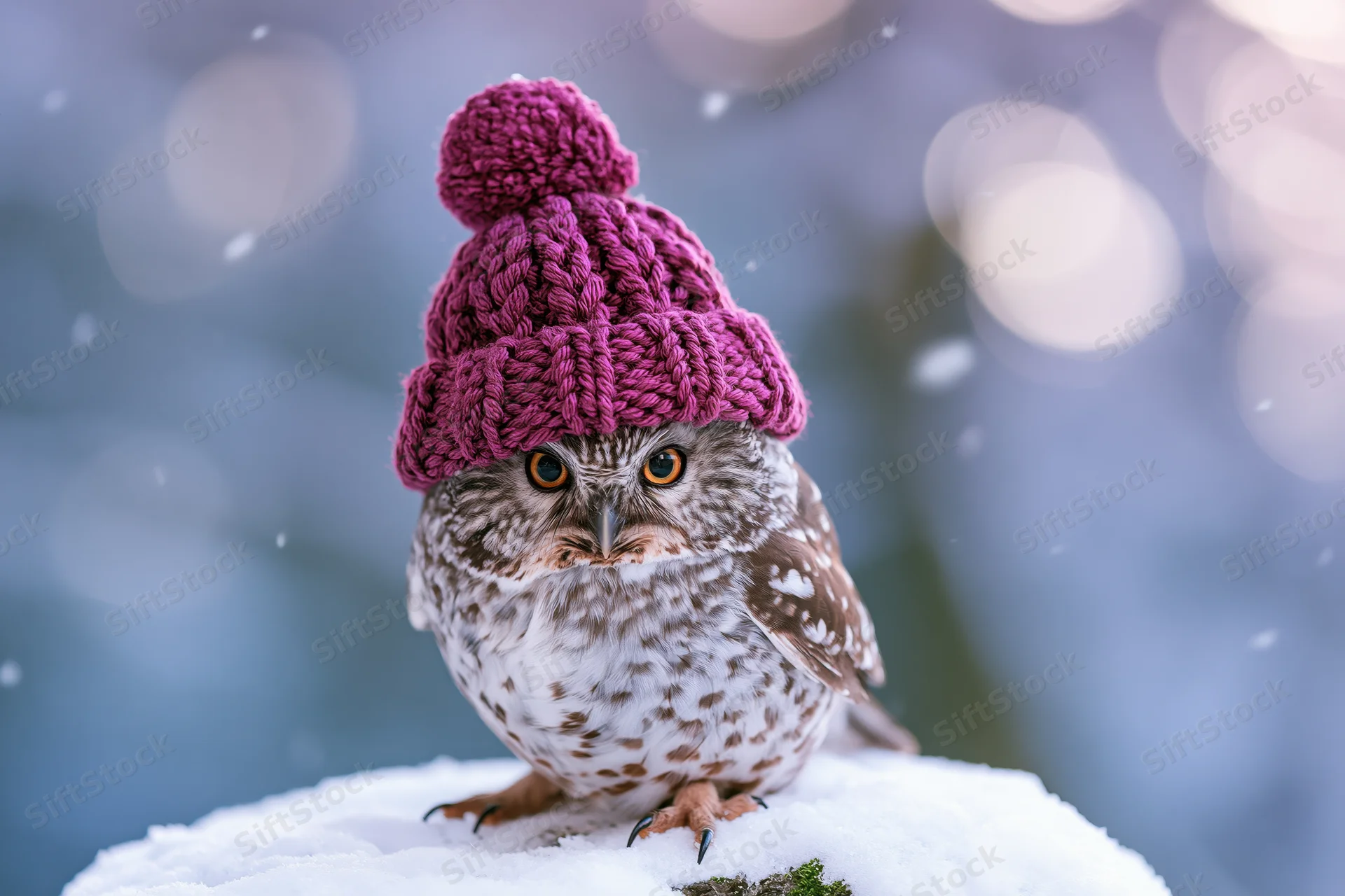 Small owl wearing a knitted magenta beanie perched on snow in a winter forest
