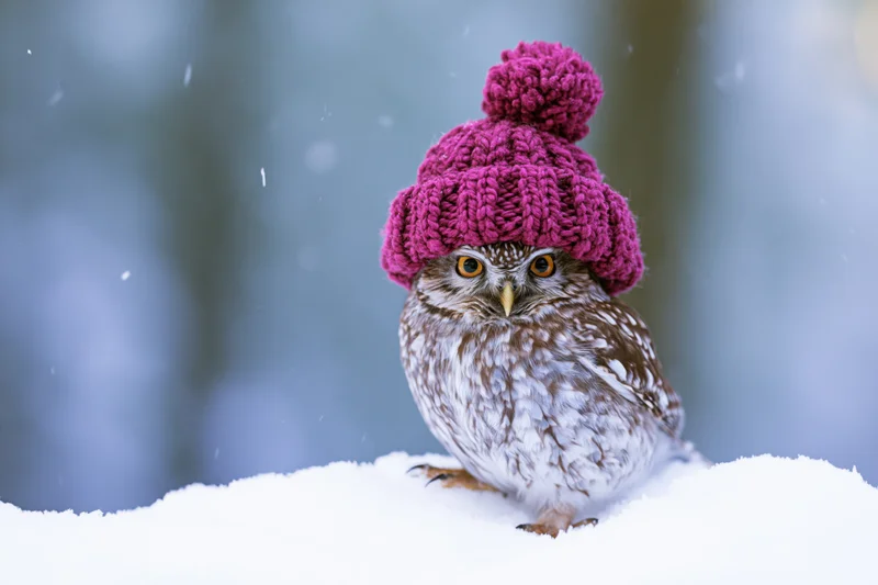 Small owl wearing a knitted magenta beanie perched on snow in winter forest