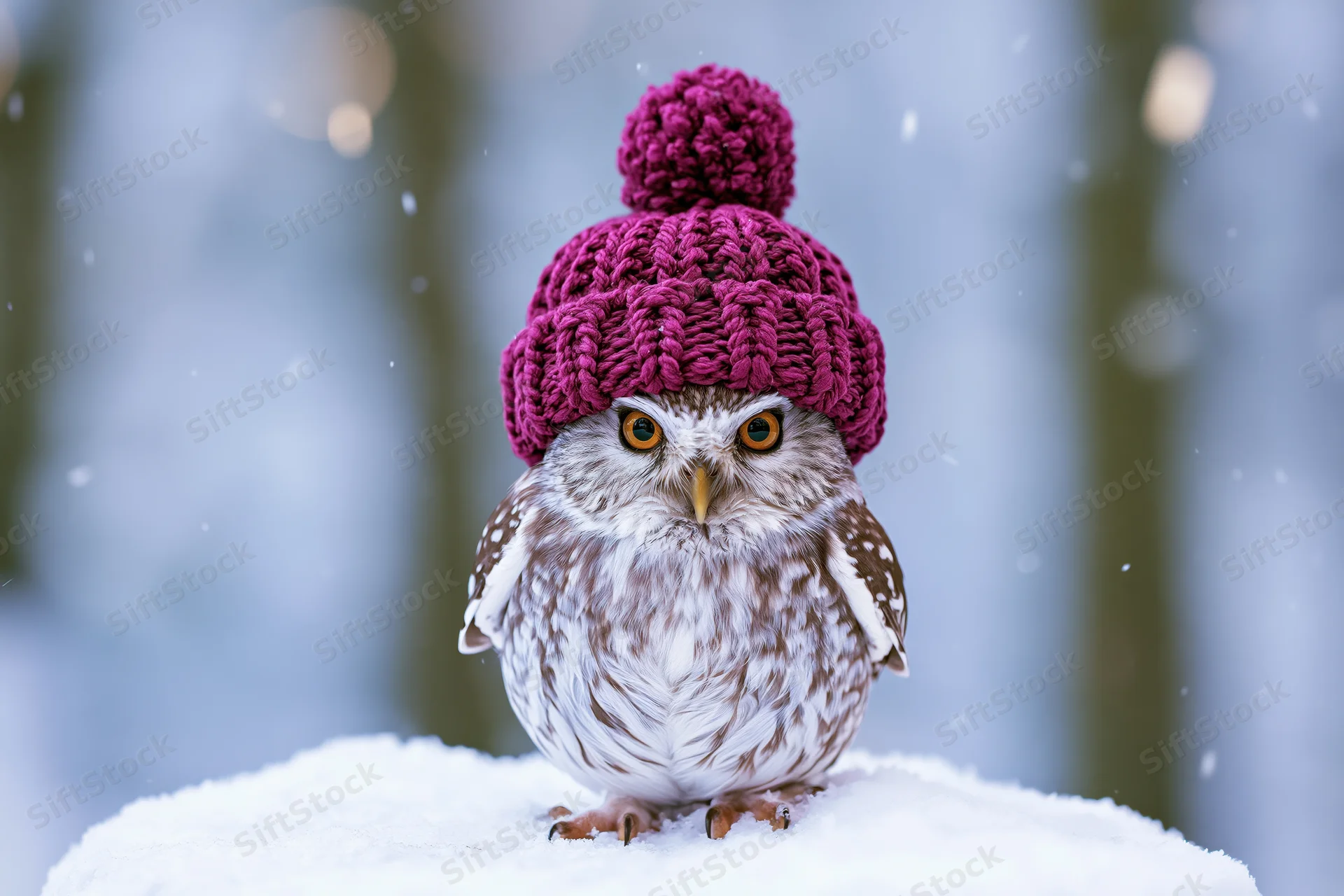 Small owl wearing a knitted magenta beanie with pompon perched on snow in winter forest